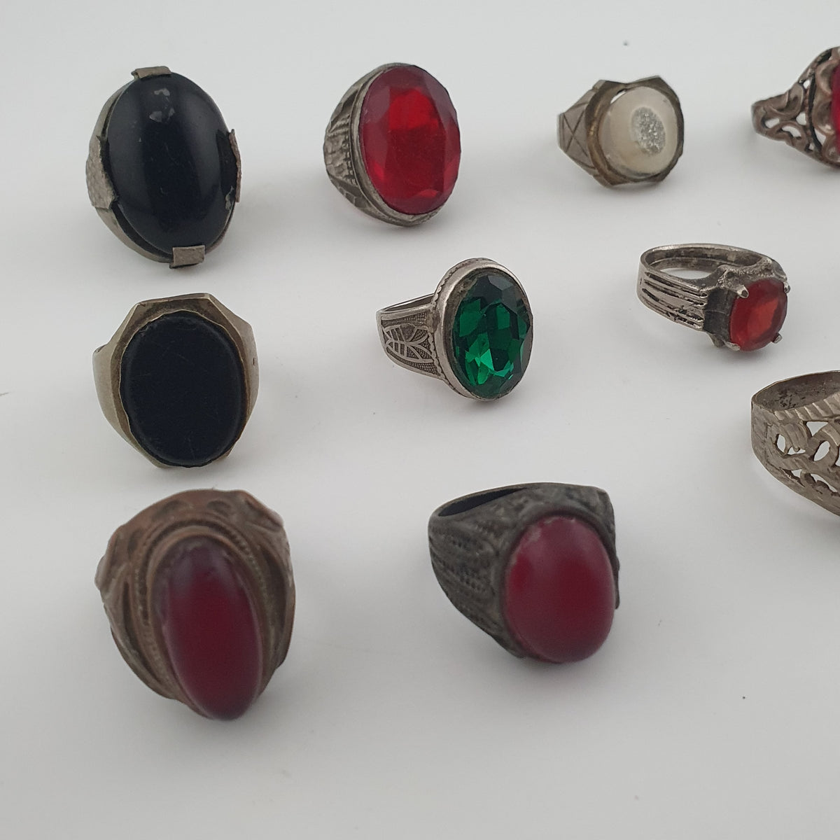 15 Traditional Brass Stone & Glass Rings Rustic Antique Jewellery