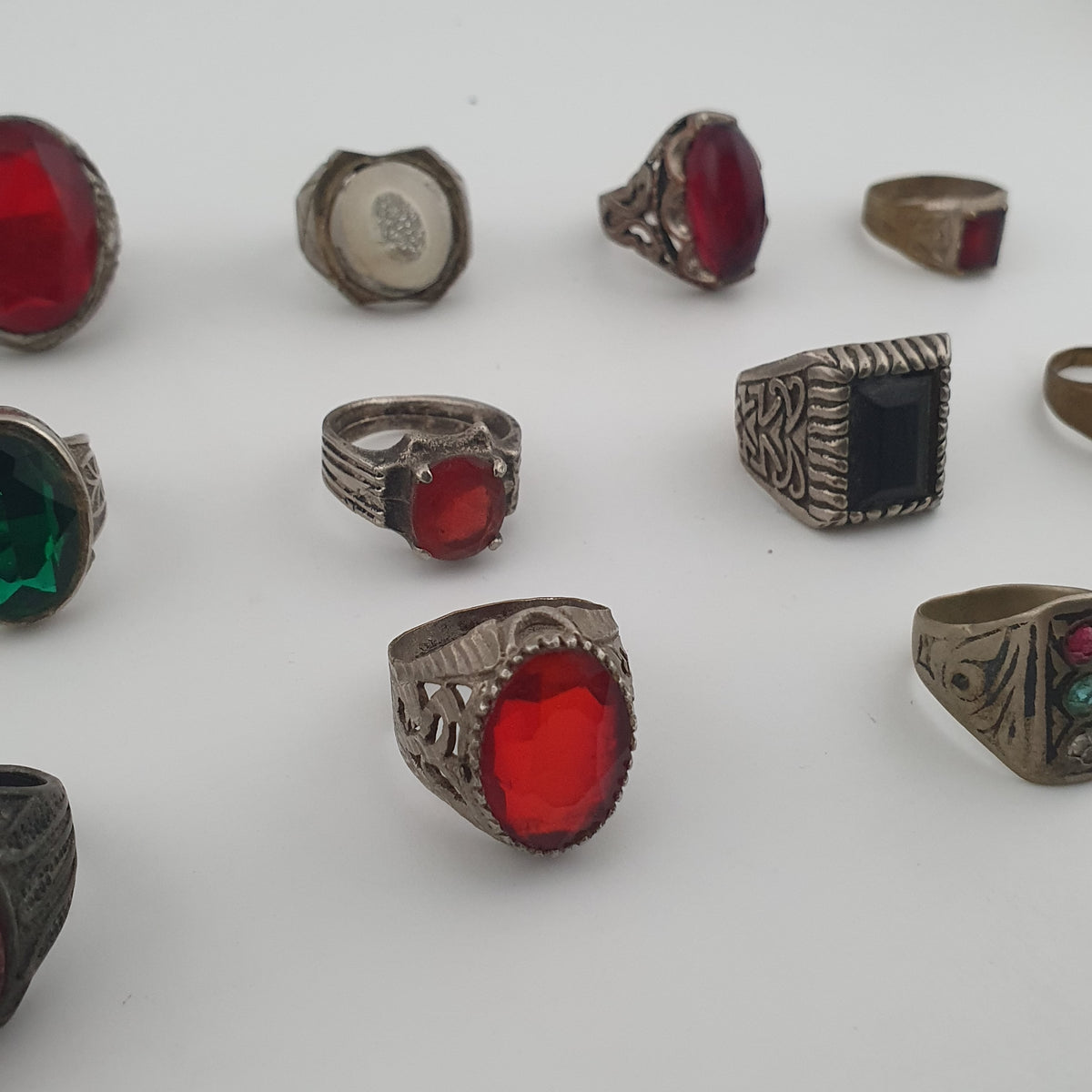 15 Traditional Brass Stone & Glass Rings Rustic Antique Jewellery