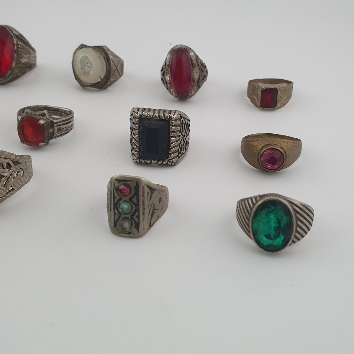 15 Traditional Brass Stone & Glass Rings Rustic Antique Jewellery