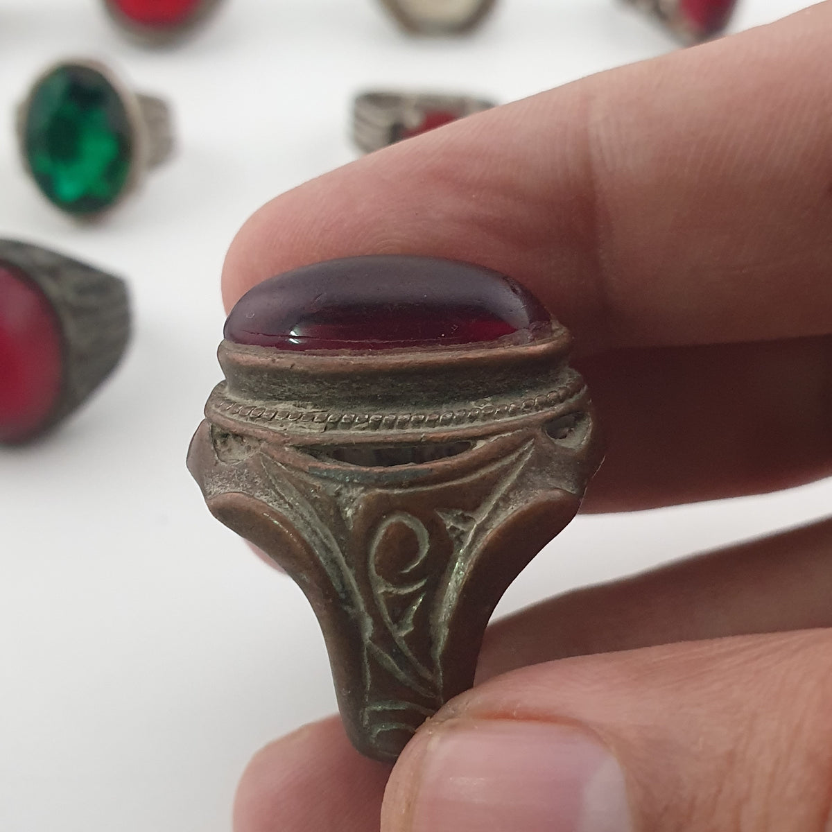 15 Traditional Brass Stone & Glass Rings Rustic Antique Jewellery