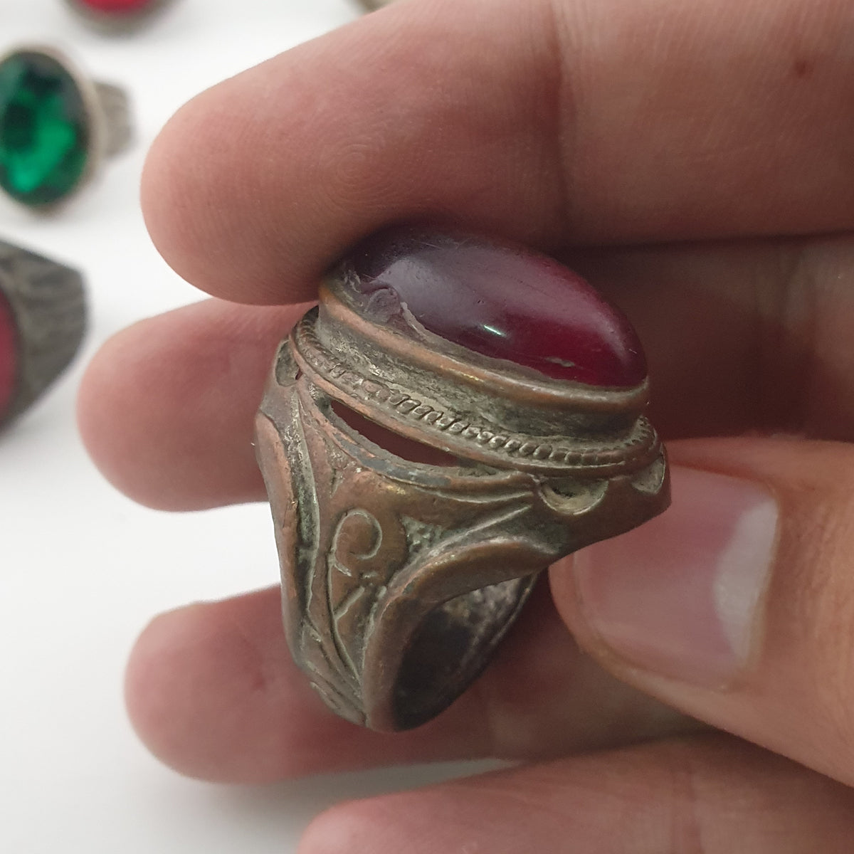 15 Traditional Brass Stone & Glass Rings Rustic Antique Jewellery