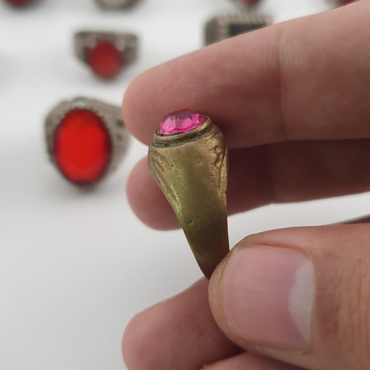 15 Traditional Brass Stone & Glass Rings Rustic Antique Jewellery