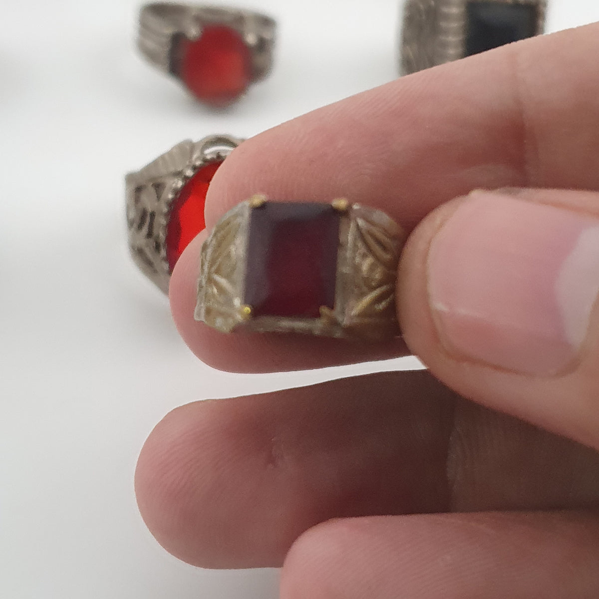 15 Traditional Brass Stone & Glass Rings Rustic Antique Jewellery