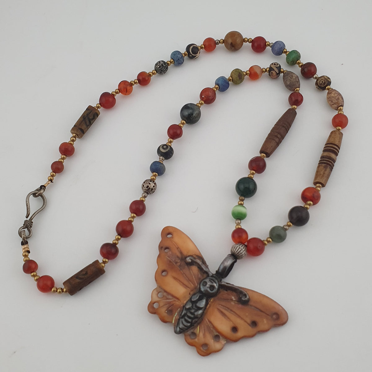 Vintage Mix Agate Gemstones & Bone Beads With 925 Silver Shell Pendant Necklace