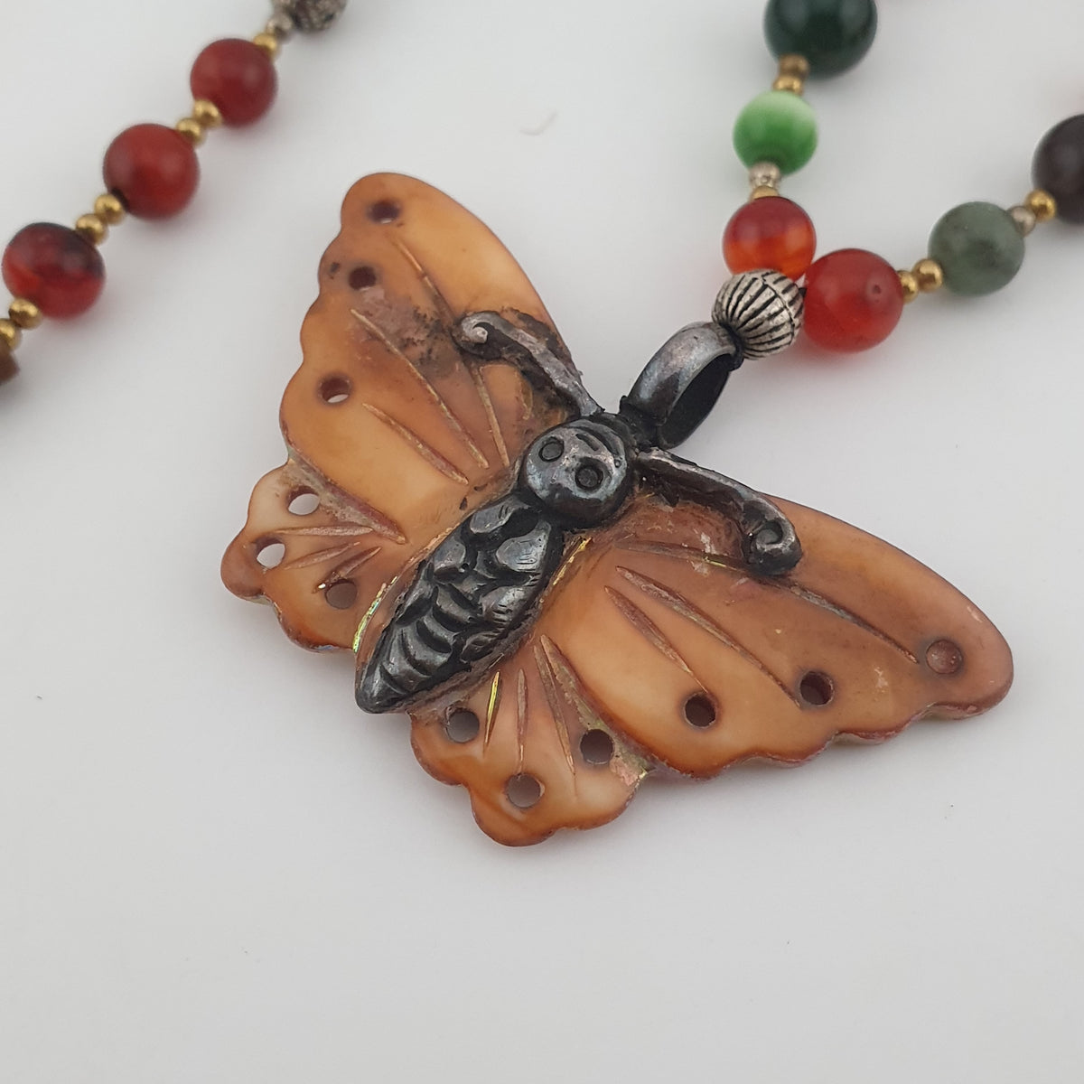 Vintage Mix Agate Gemstones & Bone Beads With 925 Silver Shell Pendant Necklace
