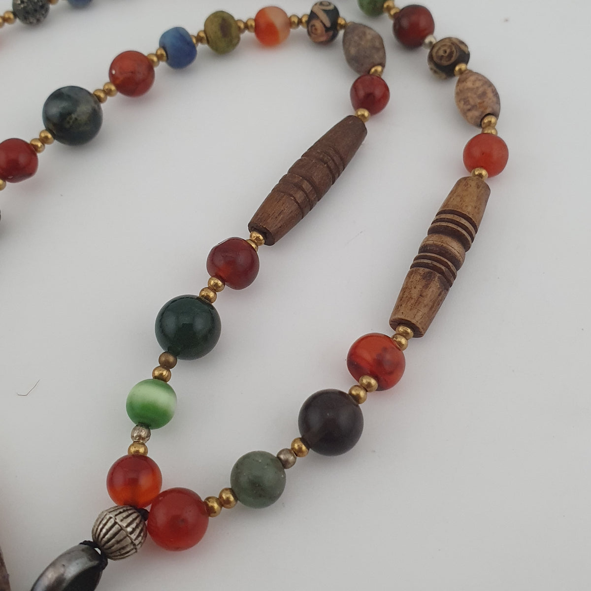 Vintage Mix Agate Gemstones & Bone Beads With 925 Silver Shell Pendant Necklace