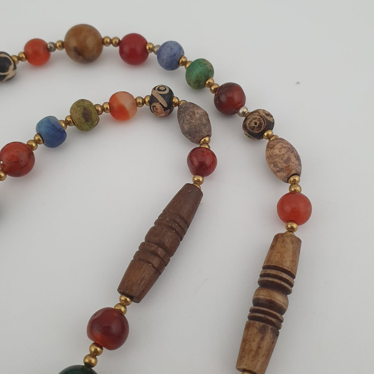 Vintage Mix Agate Gemstones & Bone Beads With 925 Silver Shell Pendant Necklace
