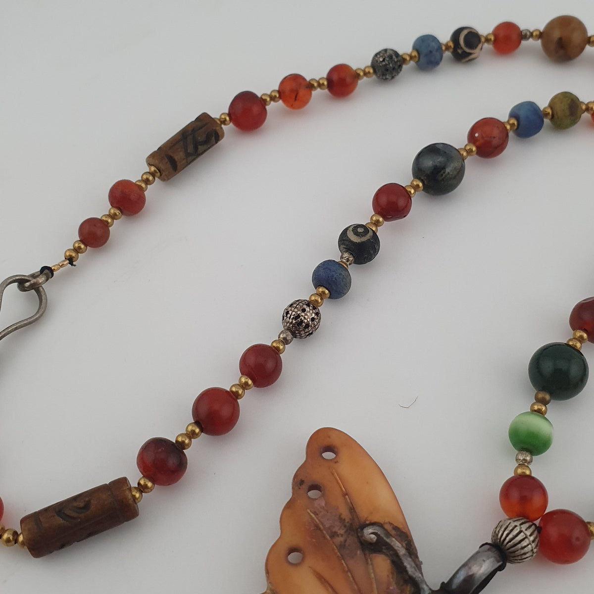 Vintage Mix Agate Gemstones & Bone Beads With 925 Silver Shell Pendant Necklace