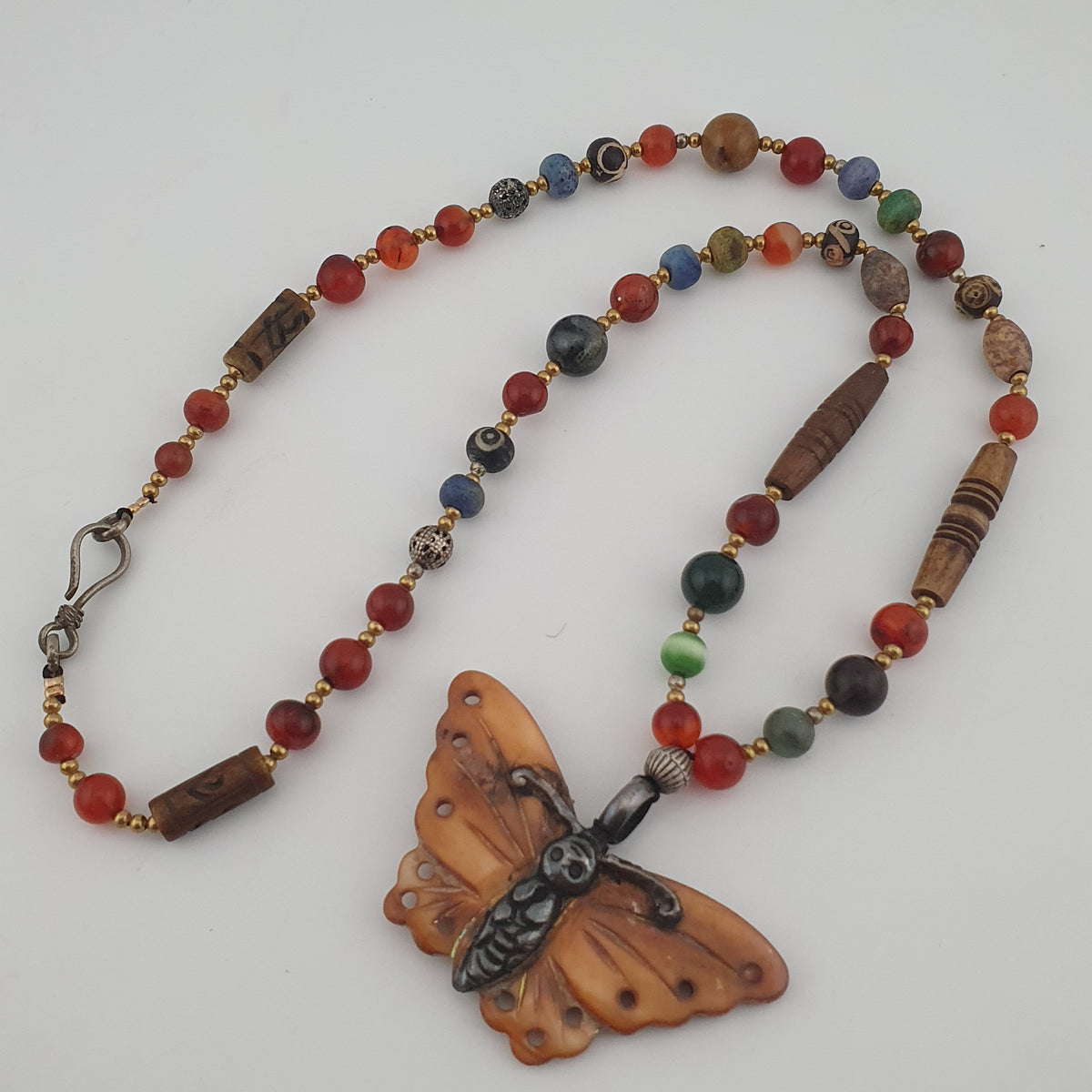 Vintage Mix Agate Gemstones & Bone Beads With 925 Silver Shell Pendant Necklace