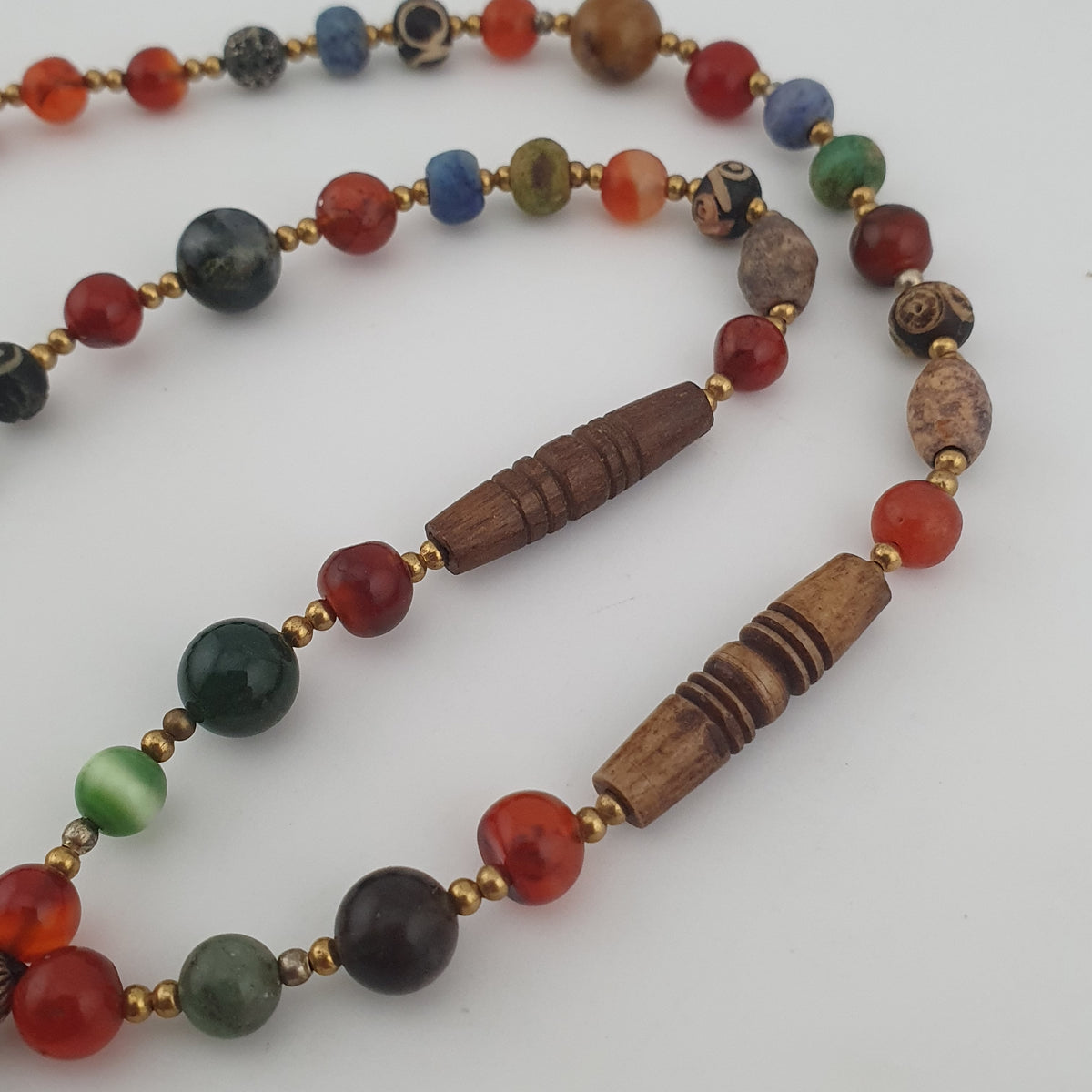 Vintage Mix Agate Gemstones & Bone Beads With 925 Silver Shell Pendant Necklace