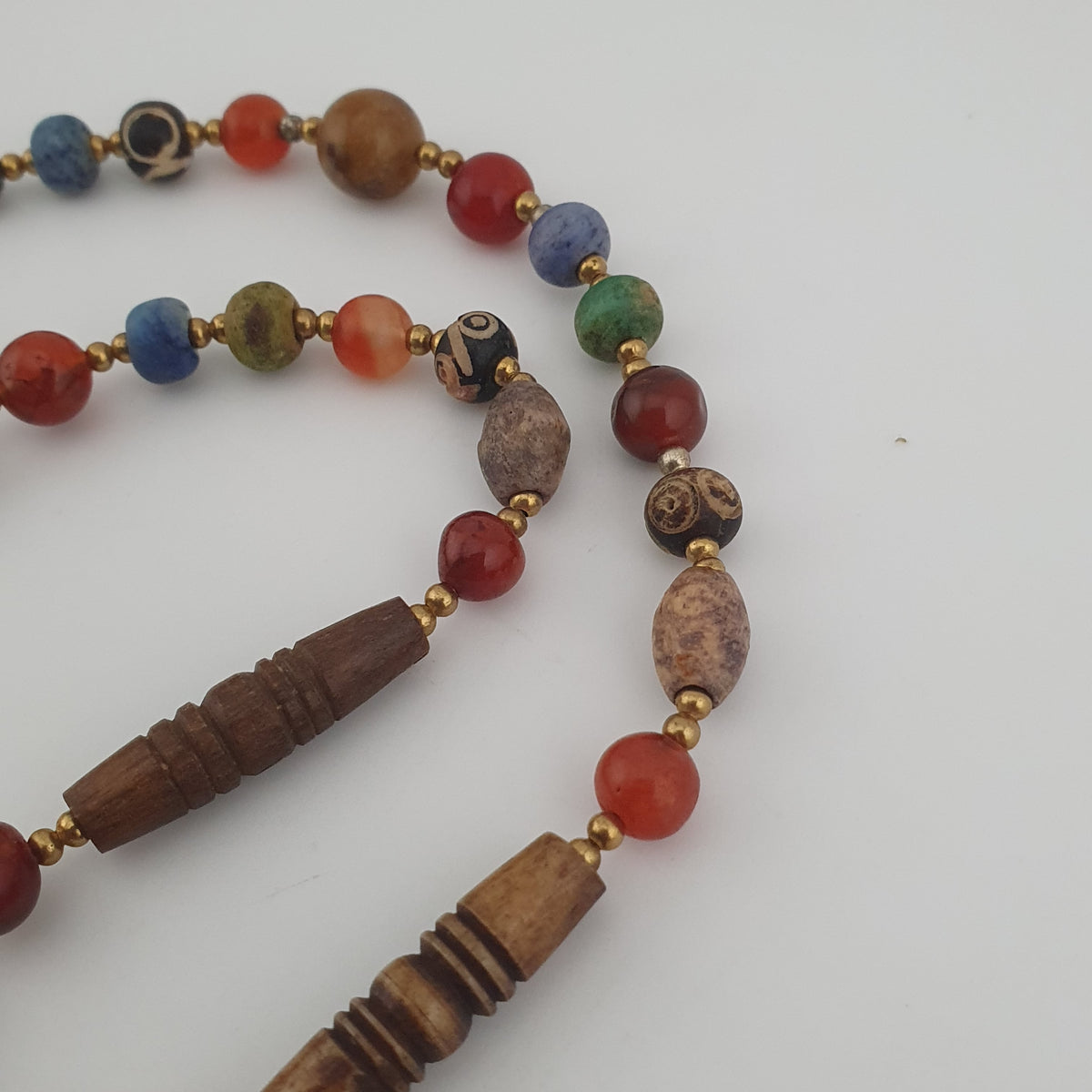 Vintage Mix Agate Gemstones & Bone Beads With 925 Silver Shell Pendant Necklace
