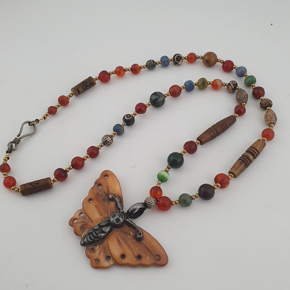 Vintage Mix Agate Gemstones & Bone Beads With 925 Silver Shell Pendant Necklace