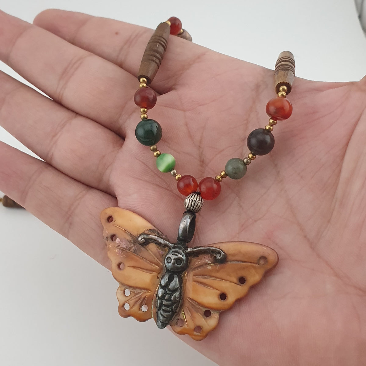 Vintage Mix Agate Gemstones & Bone Beads With 925 Silver Shell Pendant Necklace