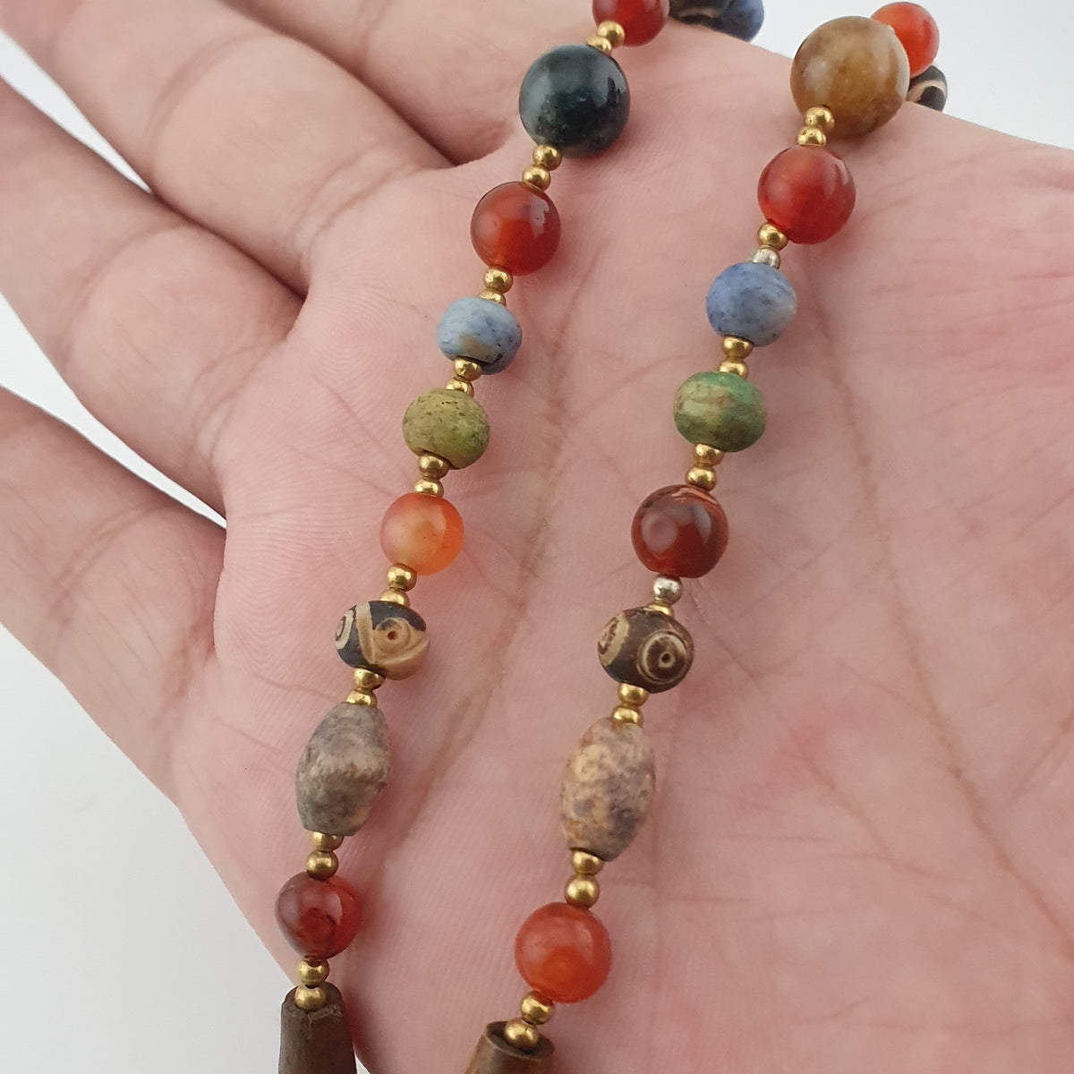 Vintage Mix Agate Gemstones & Bone Beads With 925 Silver Shell Pendant Necklace