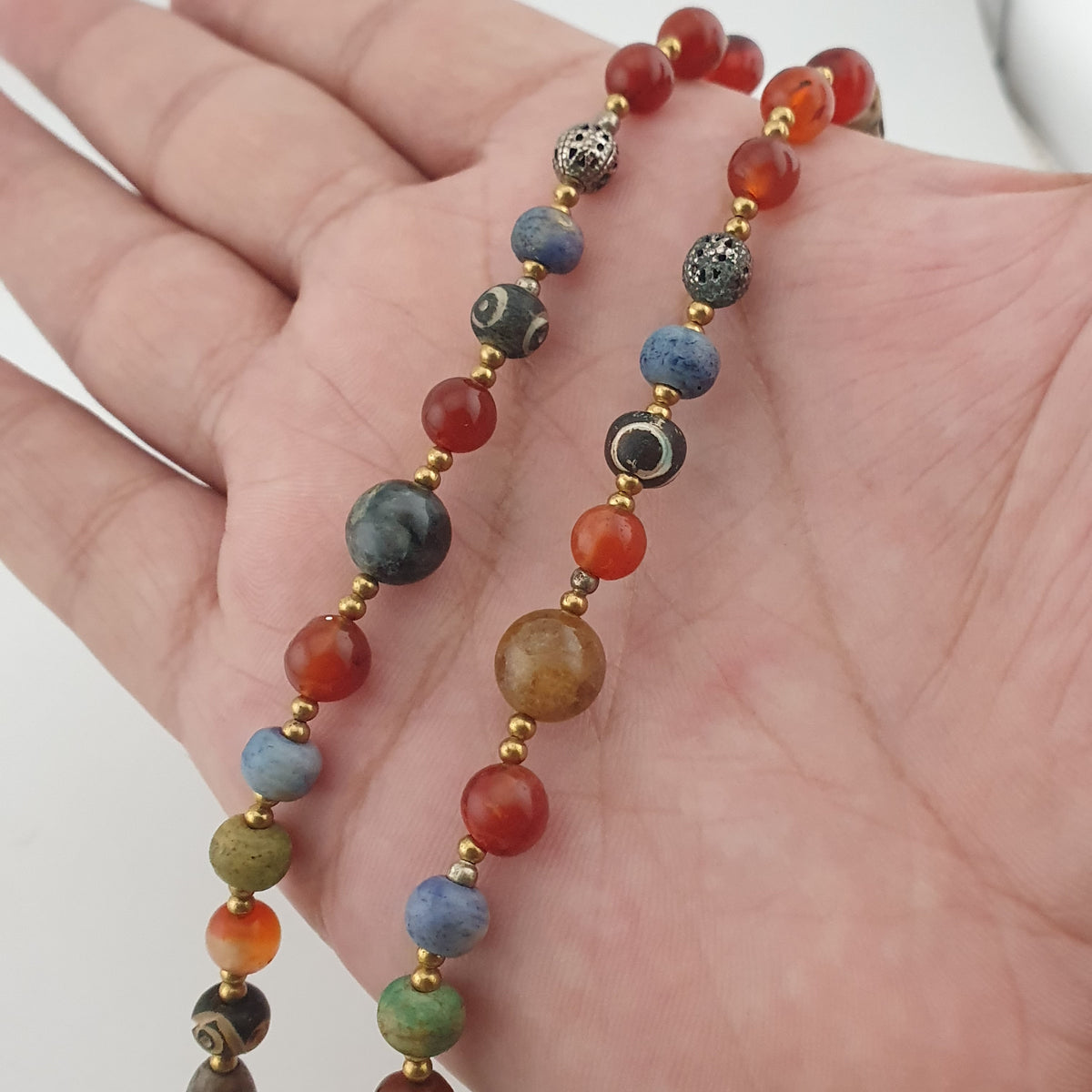 Vintage Mix Agate Gemstones & Bone Beads With 925 Silver Shell Pendant Necklace