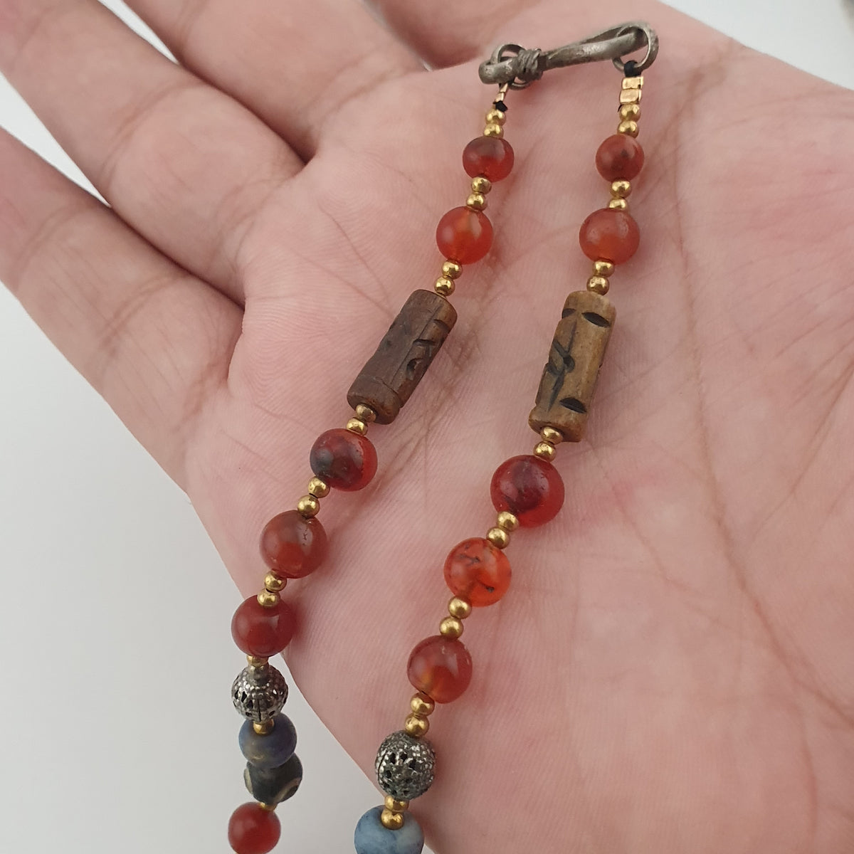 Vintage Mix Agate Gemstones & Bone Beads With 925 Silver Shell Pendant Necklace