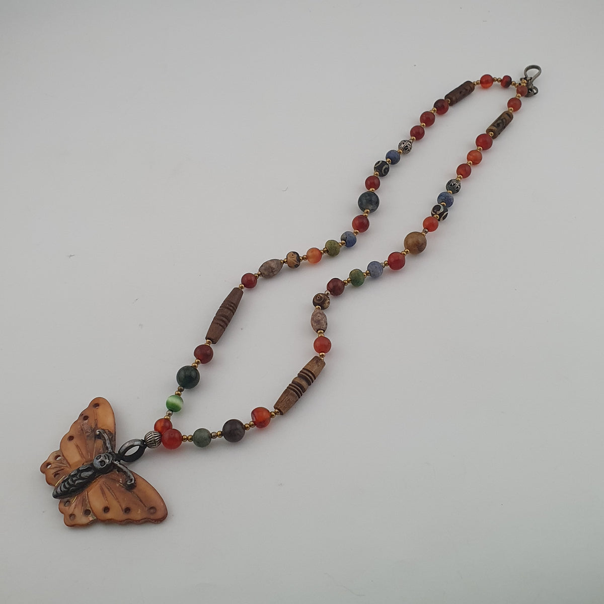 Vintage Mix Agate Gemstones & Bone Beads With 925 Silver Shell Pendant Necklace