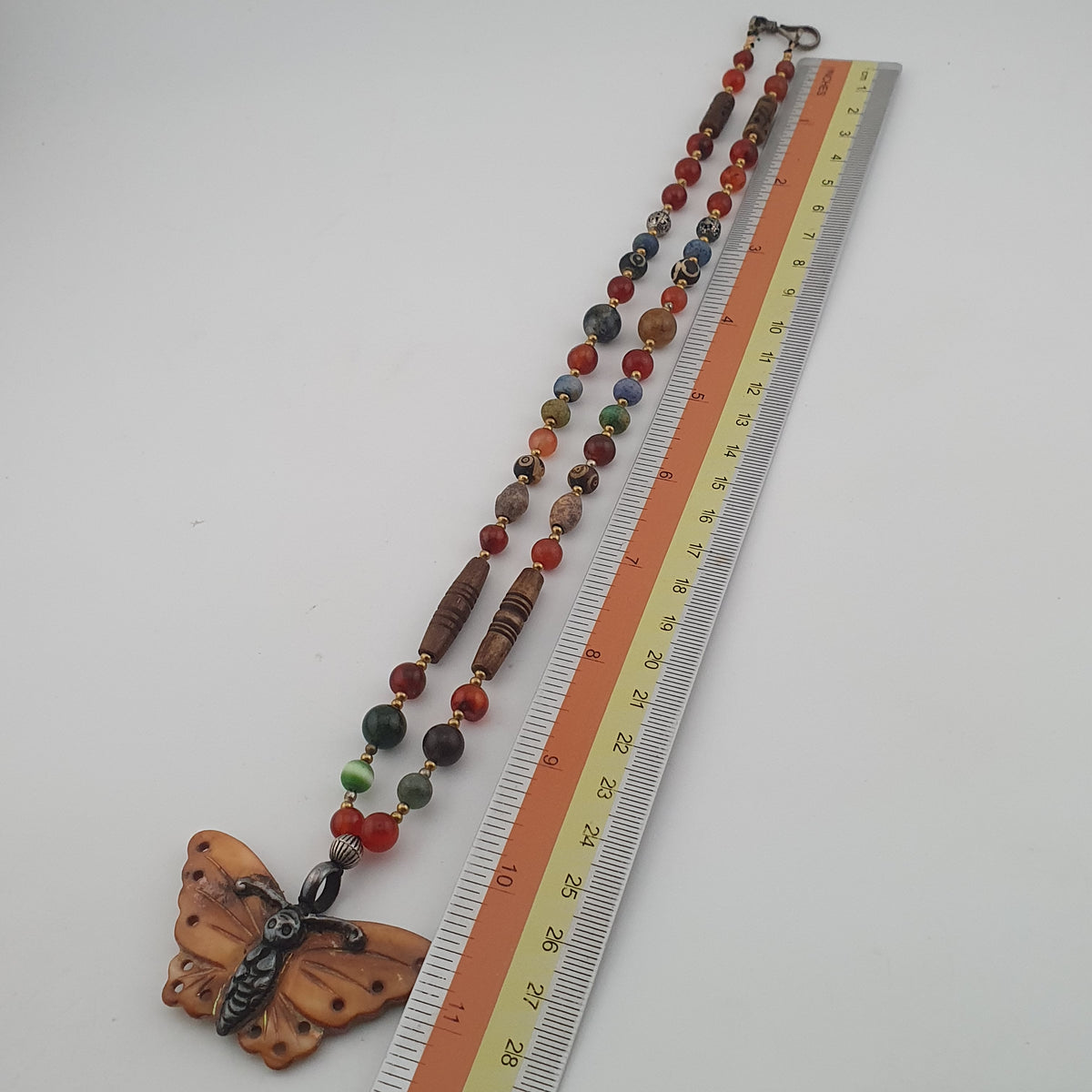 Vintage Mix Agate Gemstones & Bone Beads With 925 Silver Shell Pendant Necklace