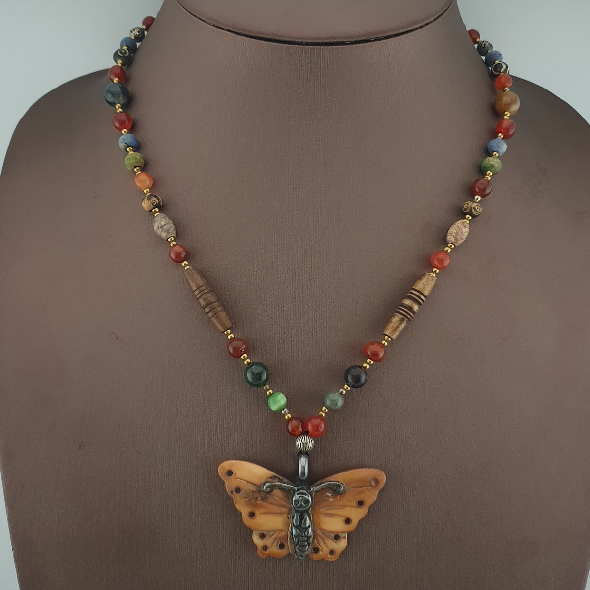 Vintage Mix Agate Gemstones & Bone Beads With 925 Silver Shell Pendant Necklace