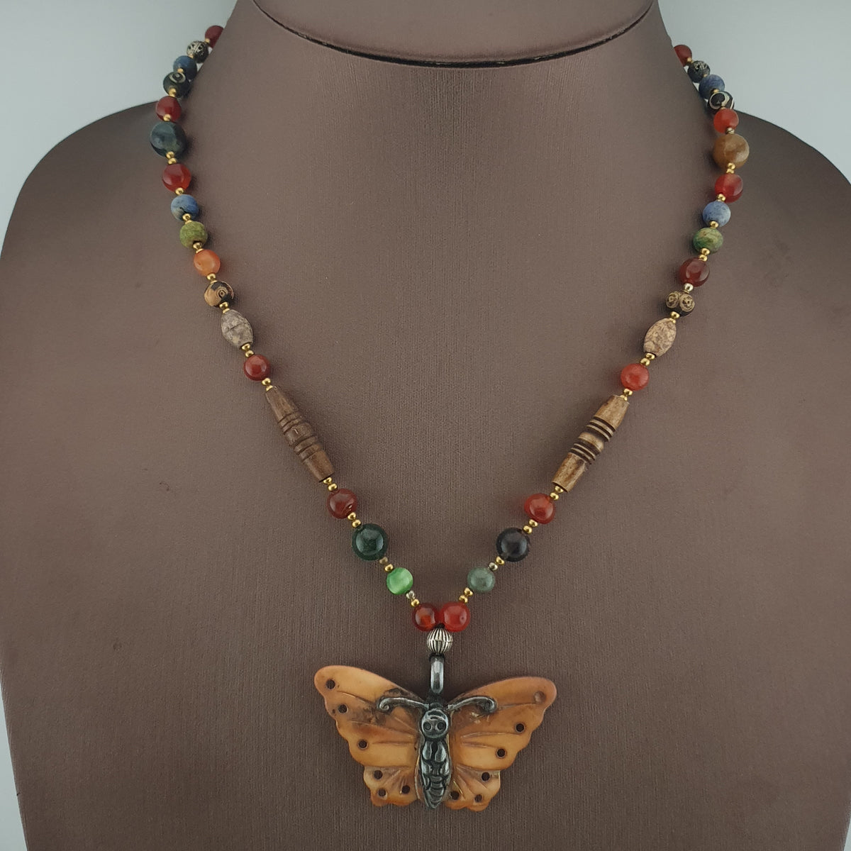 Vintage Mix Agate Gemstones & Bone Beads With 925 Silver Shell Pendant Necklace