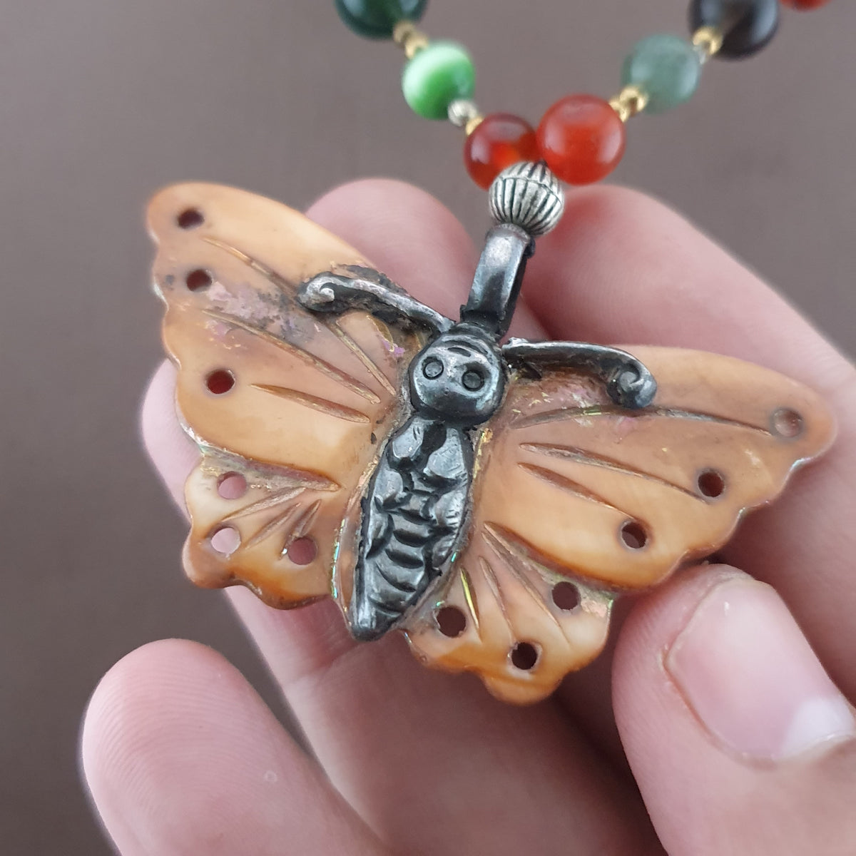 Vintage Mix Agate Gemstones & Bone Beads With 925 Silver Shell Pendant Necklace