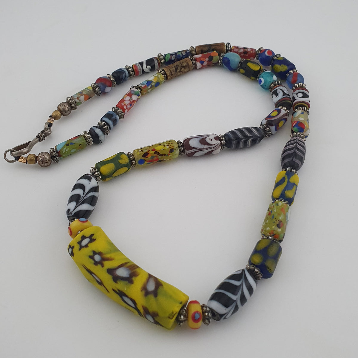Vintage Venetian Style Mix Trade Glass Beads With Millefiori Glass Pendant Necklace
