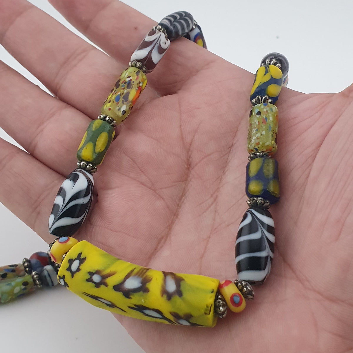 Vintage Venetian Style Mix Trade Glass Beads With Millefiori Glass Pendant Necklace