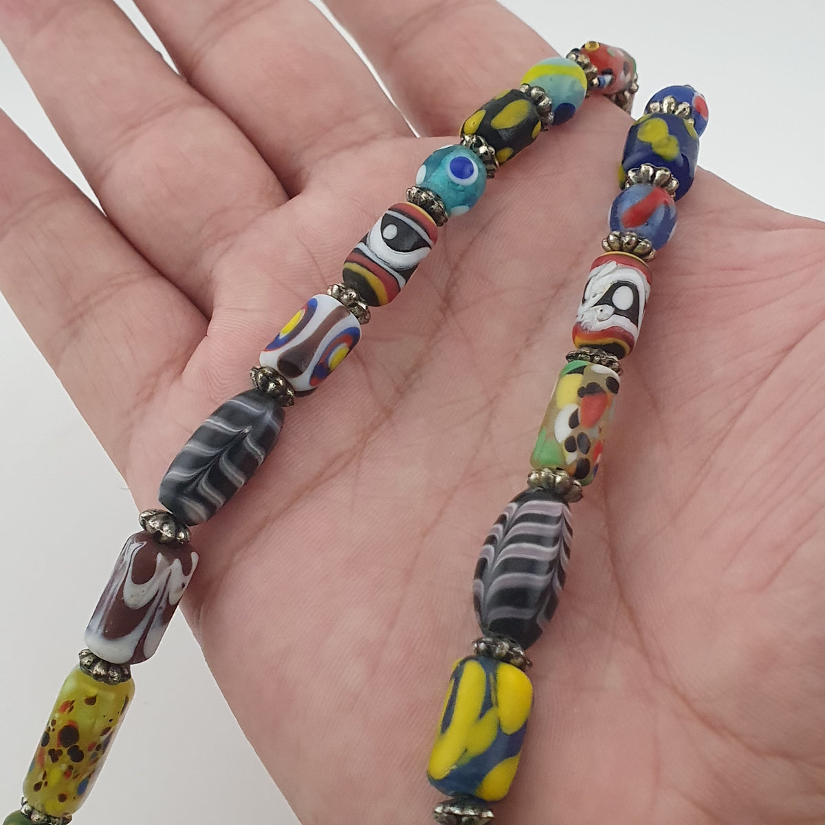 Vintage Venetian Style Mix Trade Glass Beads With Millefiori Glass Pendant Necklace