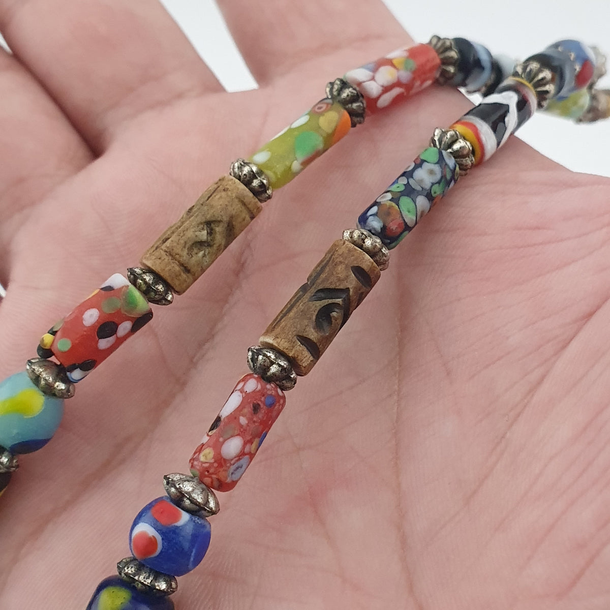 Vintage Venetian Style Mix Trade Glass Beads With Millefiori Glass Pendant Necklace