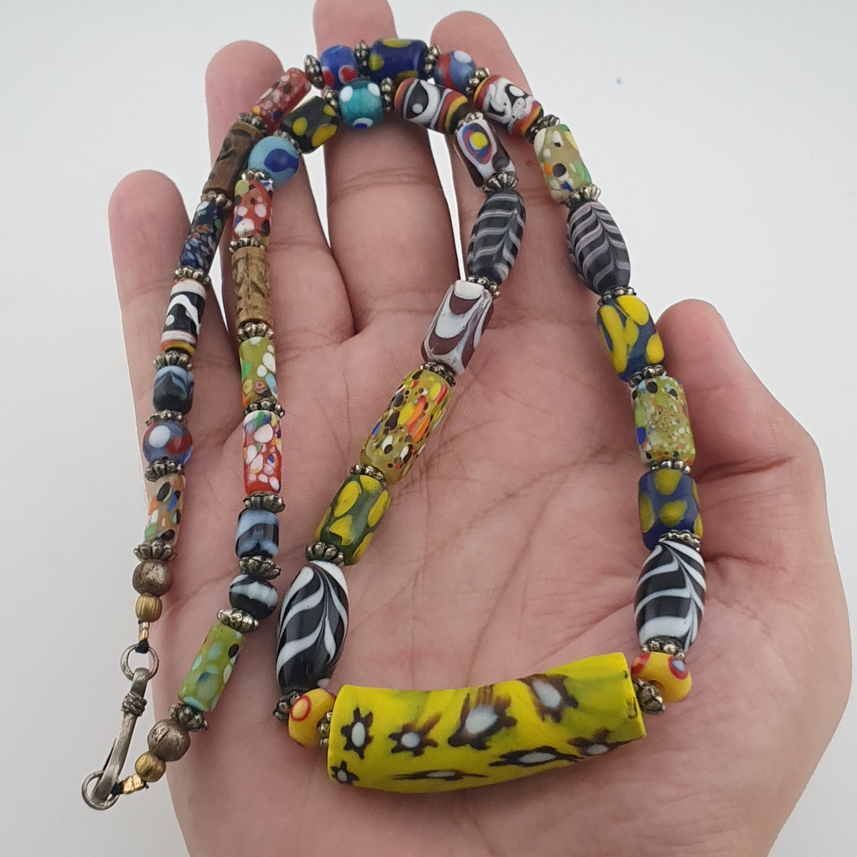 Vintage Venetian Style Mix Trade Glass Beads With Millefiori Glass Pendant Necklace