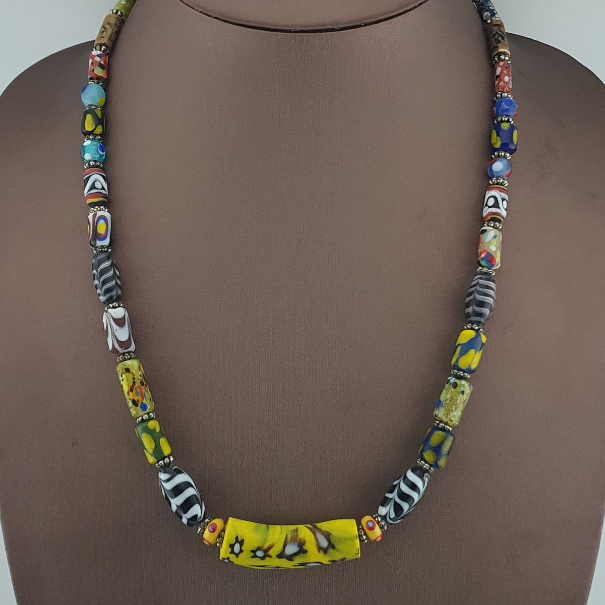 Vintage Venetian Style Mix Trade Glass Beads With Millefiori Glass Pendant Necklace