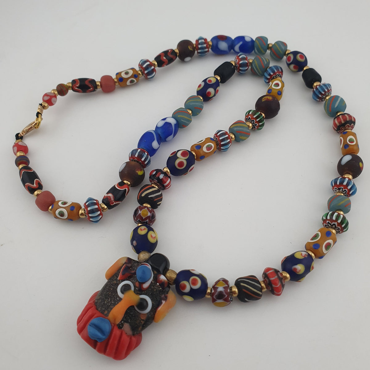 Vintage Venetian Style Mix Glass Beads With Old Face Glass Pendant Necklace