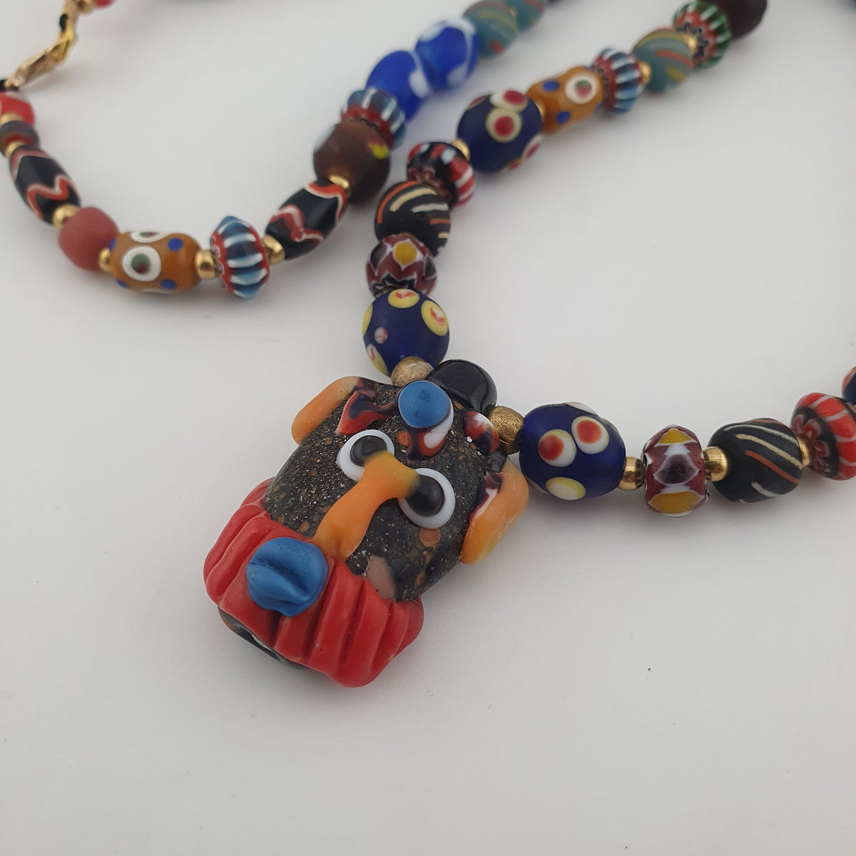 Vintage Venetian Style Mix Glass Beads With Old Face Glass Pendant Necklace