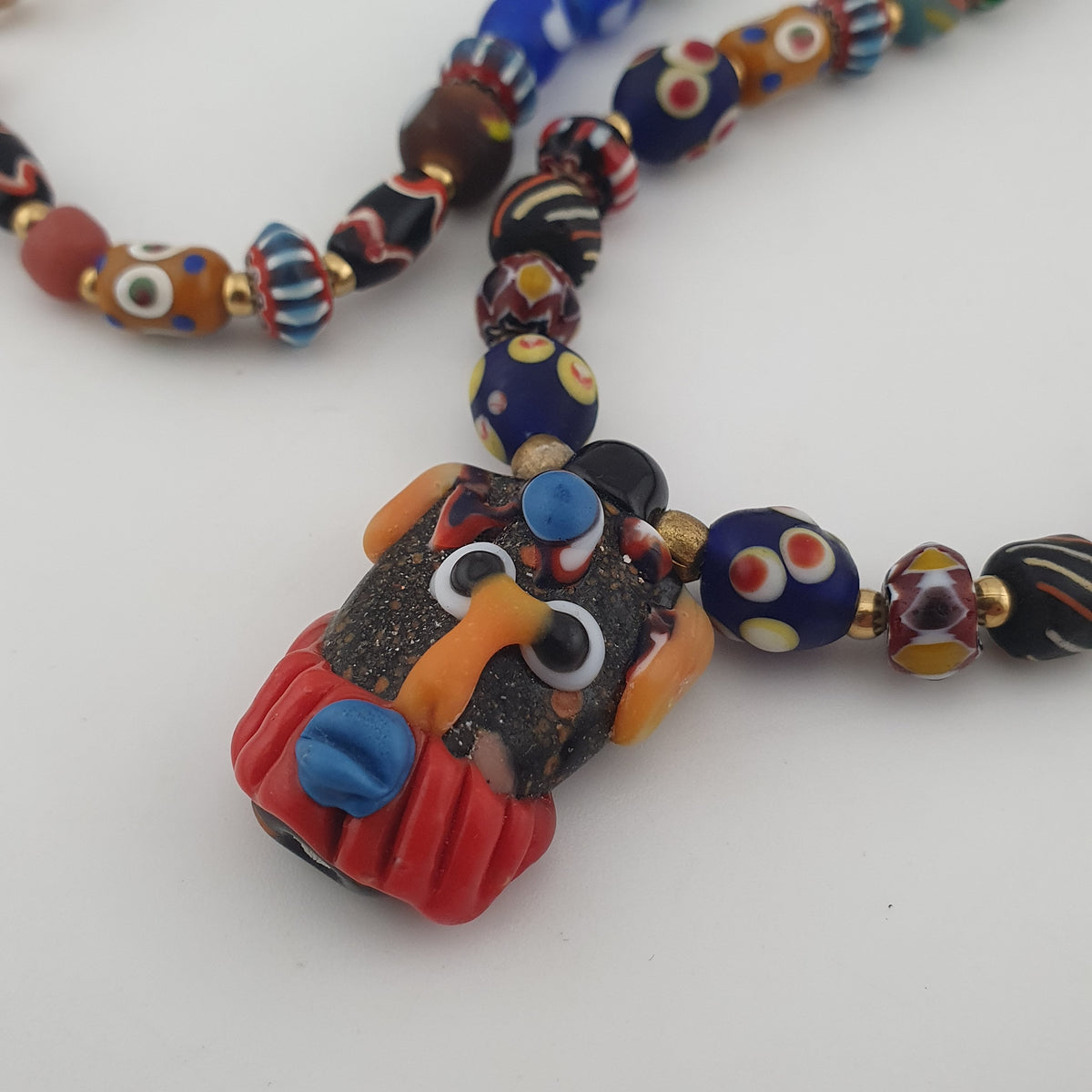 Vintage Venetian Style Mix Glass Beads With Old Face Glass Pendant Necklace