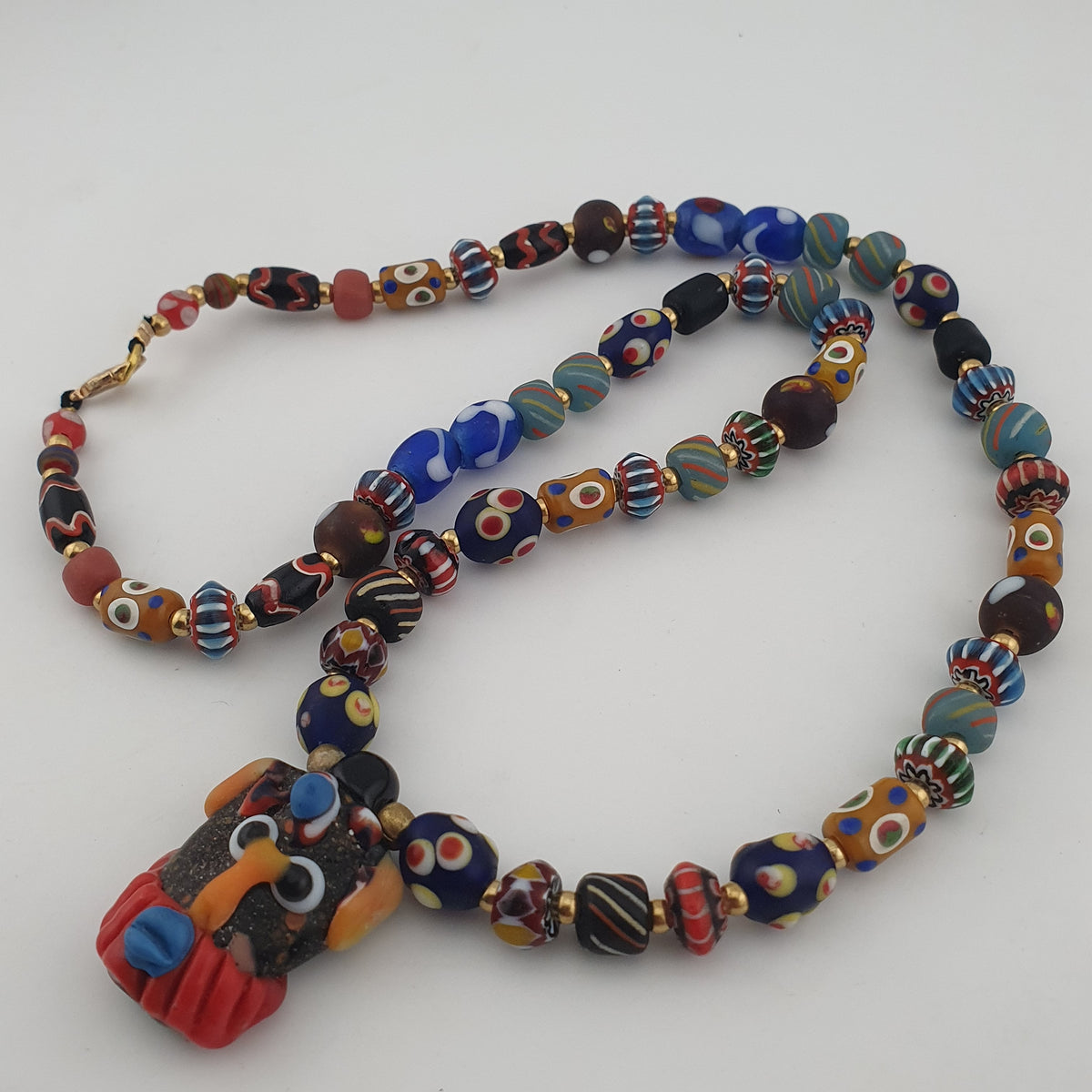 Vintage Venetian Style Mix Glass Beads With Old Face Glass Pendant Necklace