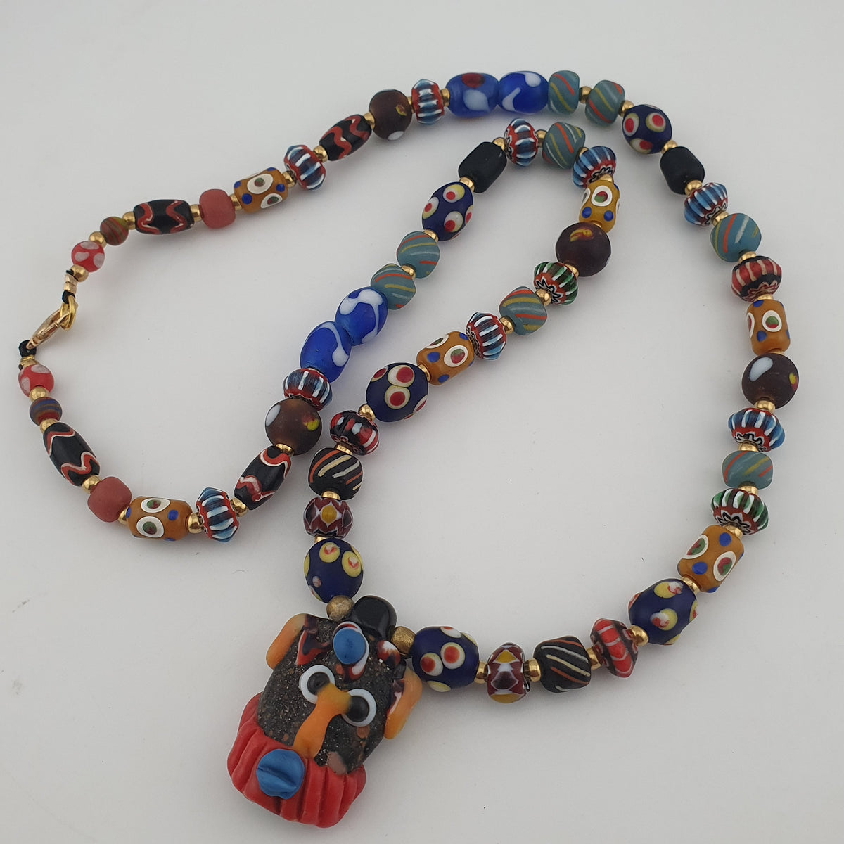 Vintage Venetian Style Mix Glass Beads With Old Face Glass Pendant Necklace