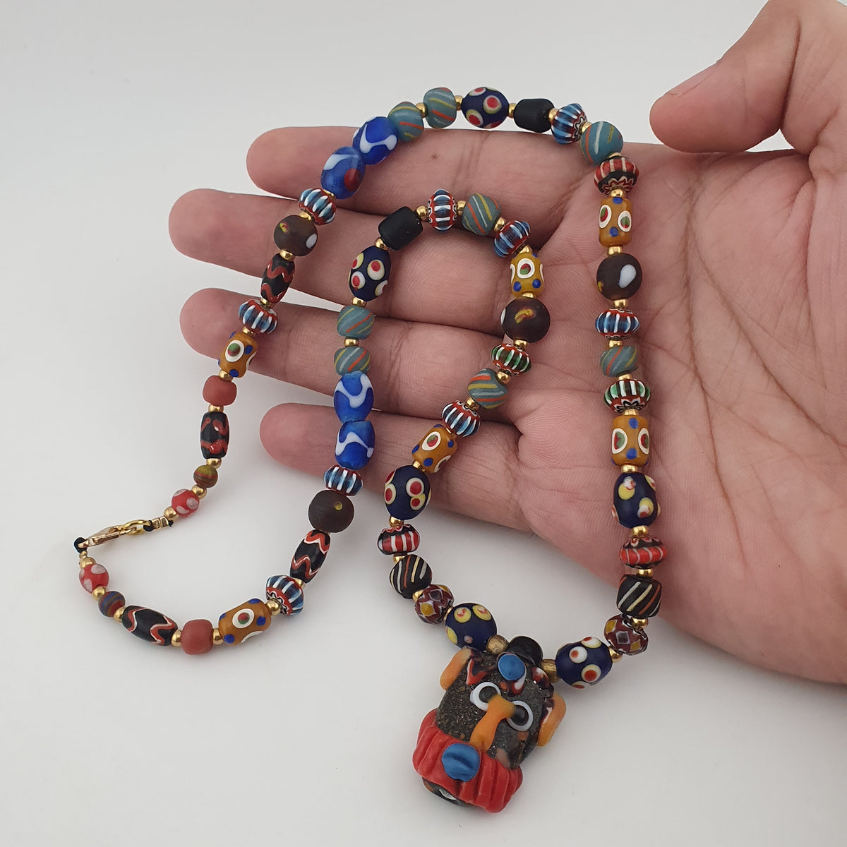 Vintage Venetian Style Mix Glass Beads With Old Face Glass Pendant Necklace