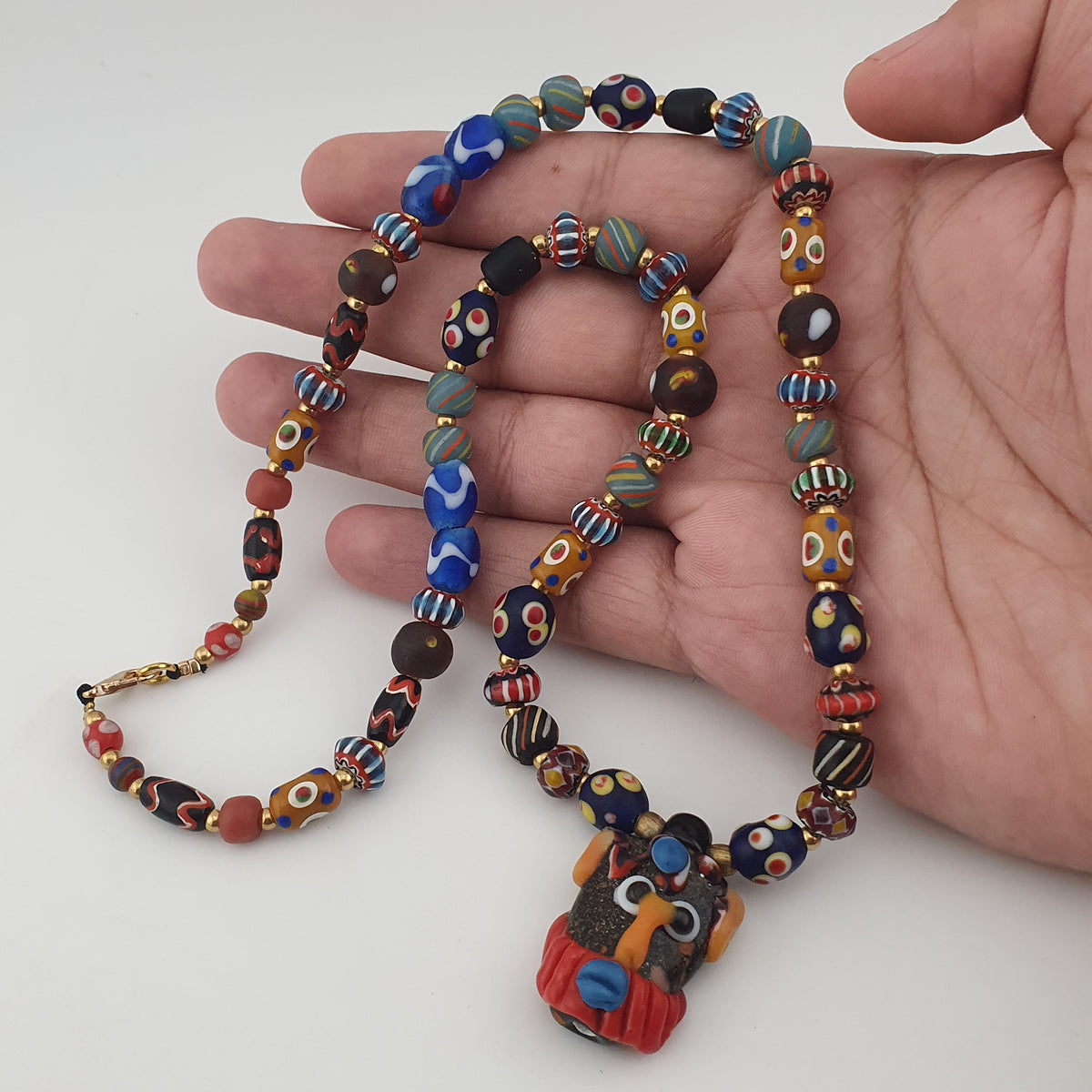 Vintage Venetian Style Mix Glass Beads With Old Face Glass Pendant Necklace