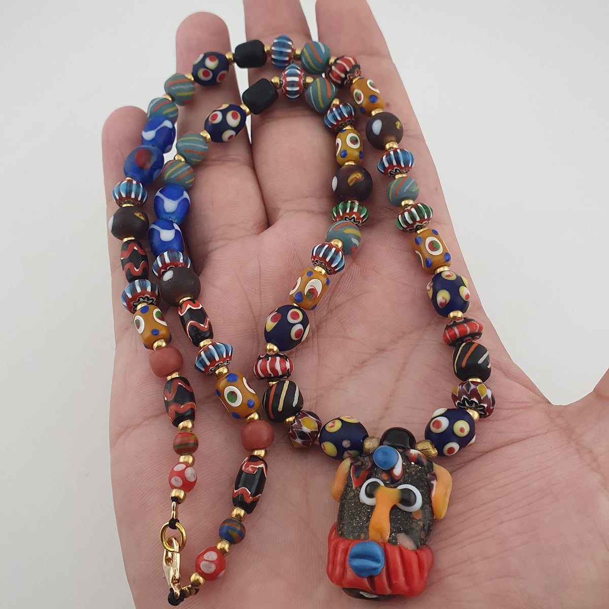 Vintage Venetian Style Mix Glass Beads With Old Face Glass Pendant Necklace