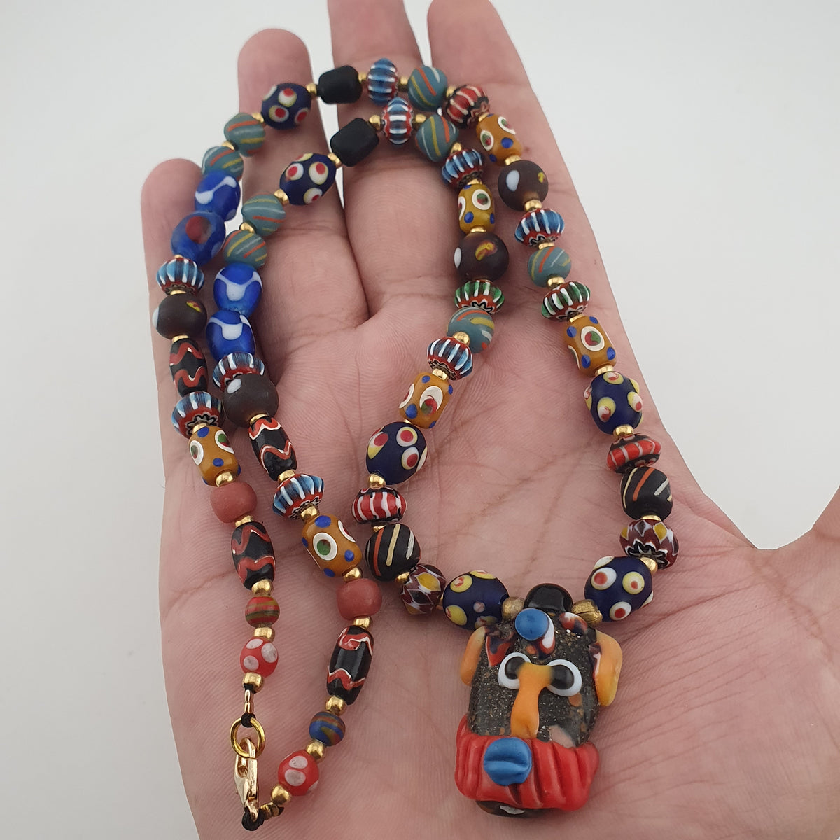 Vintage Venetian Style Mix Glass Beads With Old Face Glass Pendant Necklace