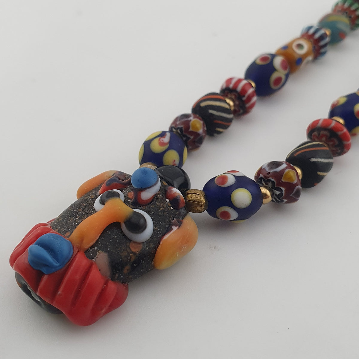 Vintage Venetian Style Mix Glass Beads With Old Face Glass Pendant Necklace