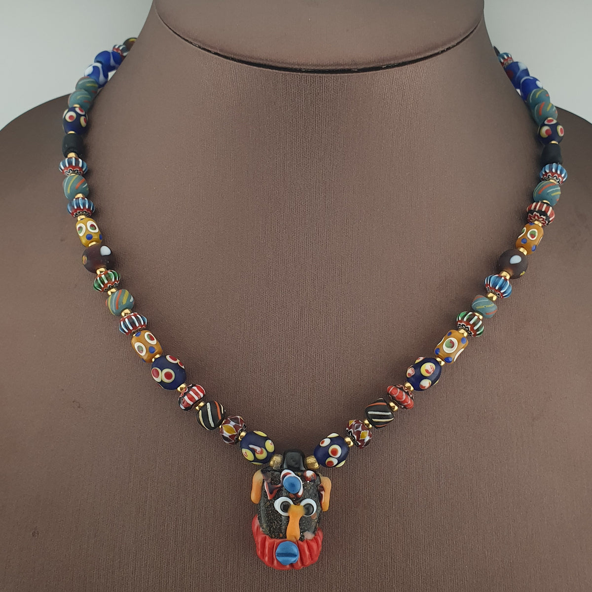 Vintage Venetian Style Mix Glass Beads With Old Face Glass Pendant Necklace