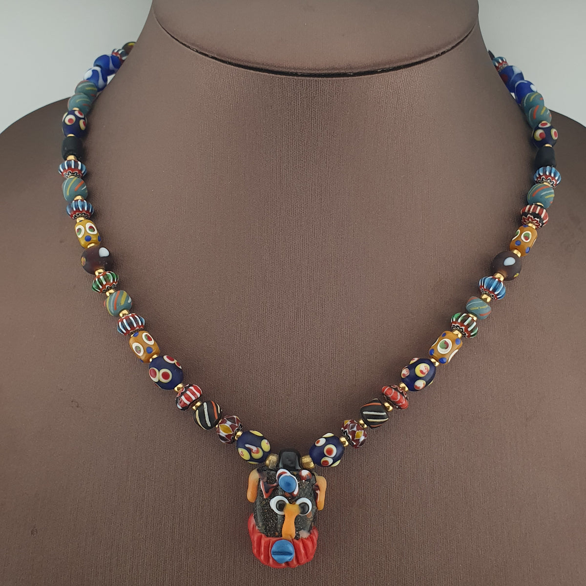 Vintage Venetian Style Mix Glass Beads With Old Face Glass Pendant Necklace