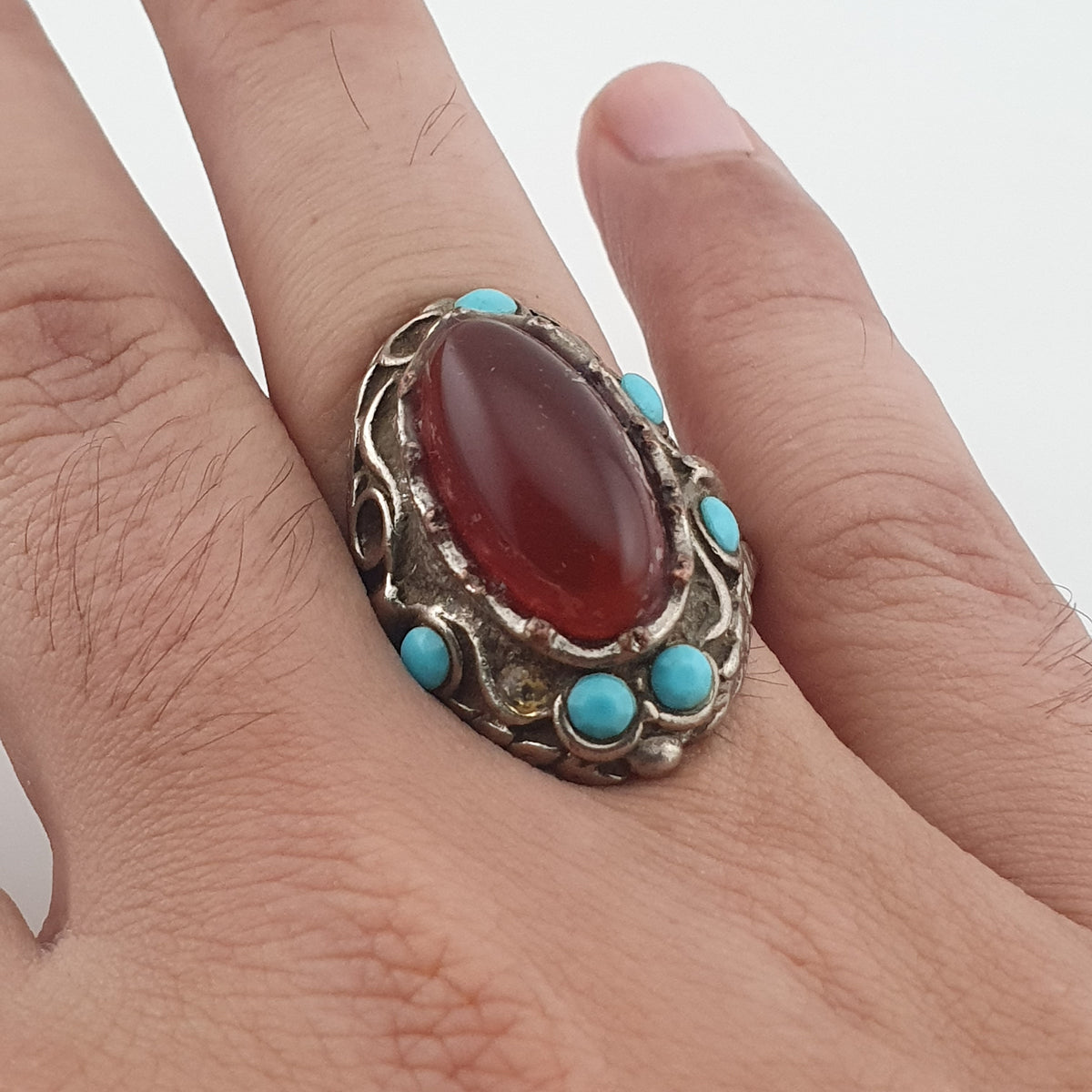 Antique Red Zirconia Ring  Rustic Brass Statement Jewellery