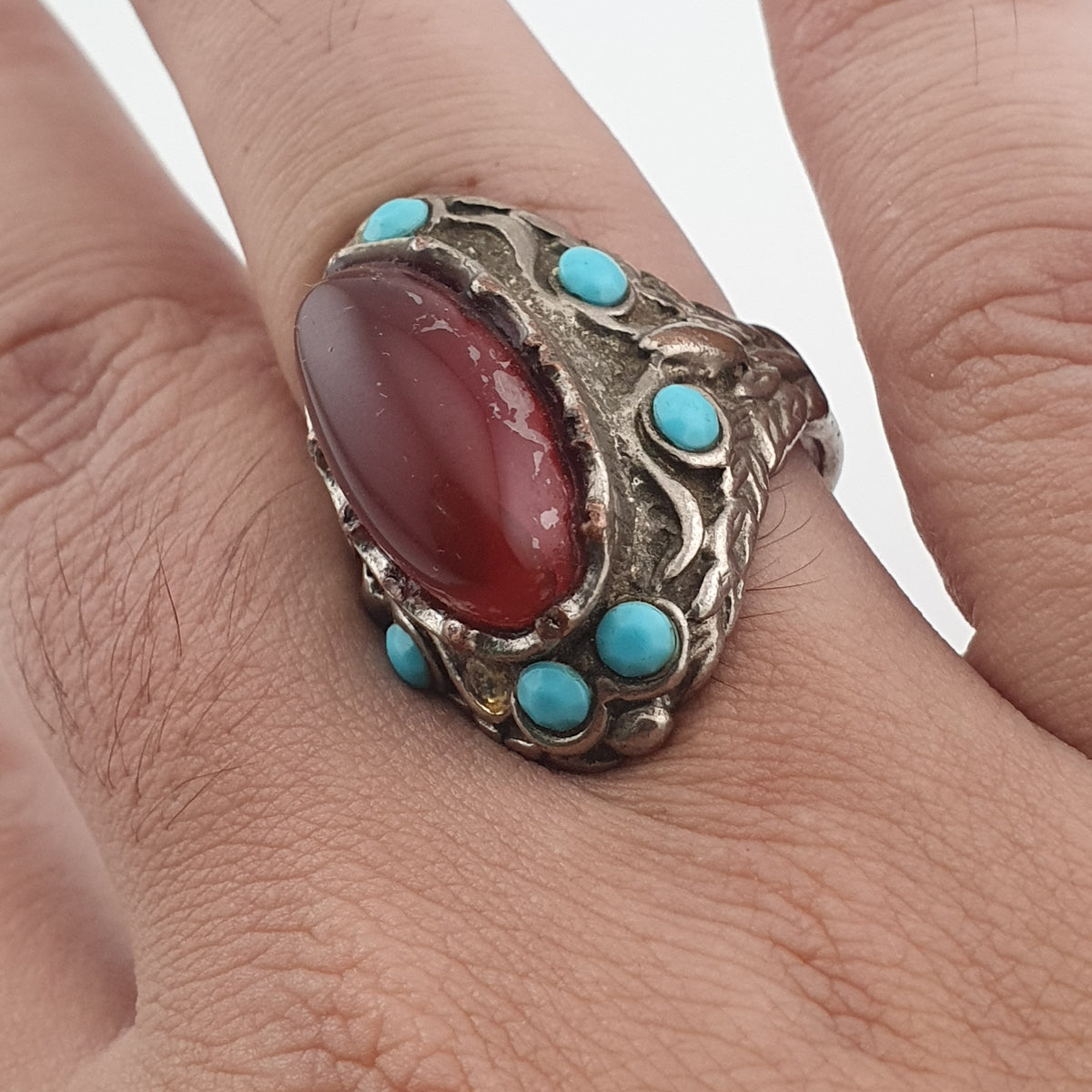 Antique Red Zirconia Ring  Rustic Brass Statement Jewellery