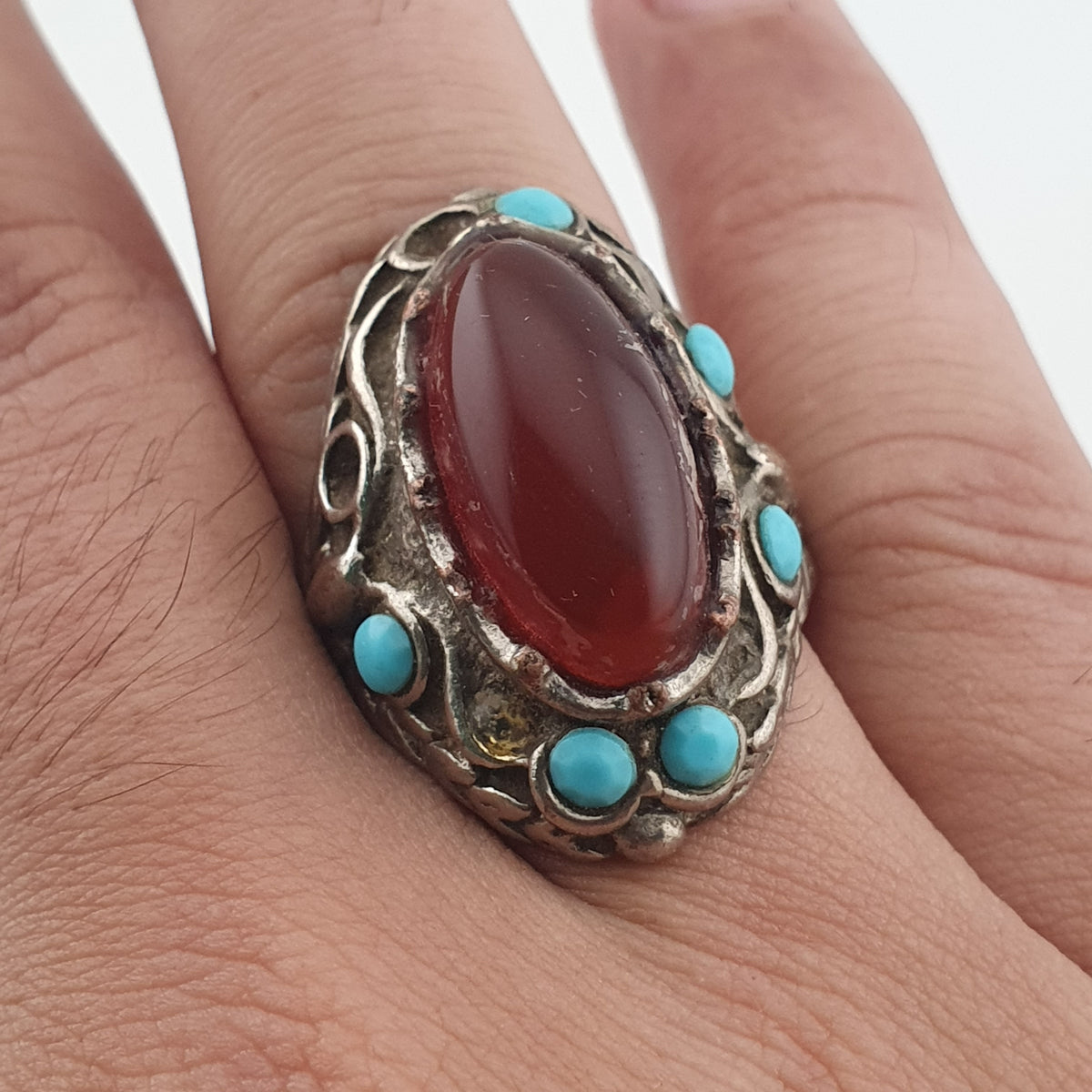 Antique Red Zirconia Ring  Rustic Brass Statement Jewellery