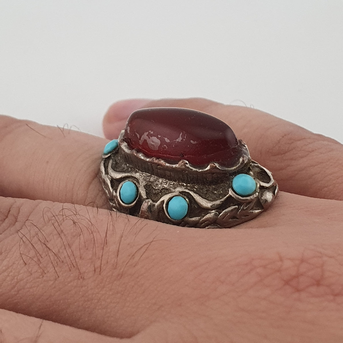 Antique Red Zirconia Ring  Rustic Brass Statement Jewellery