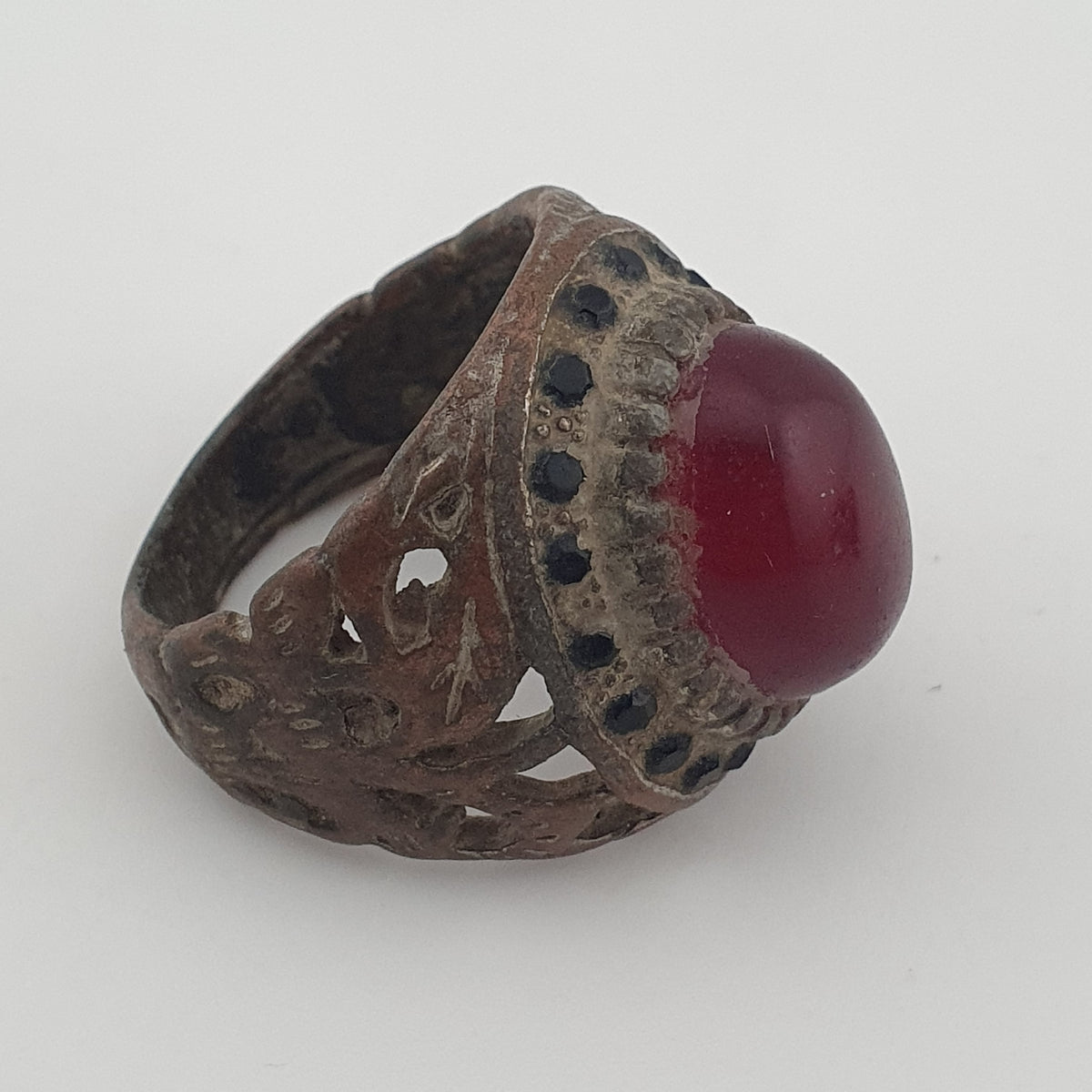 Ancient Brass Red CZ Ring  Rustic Collectible Jewellery