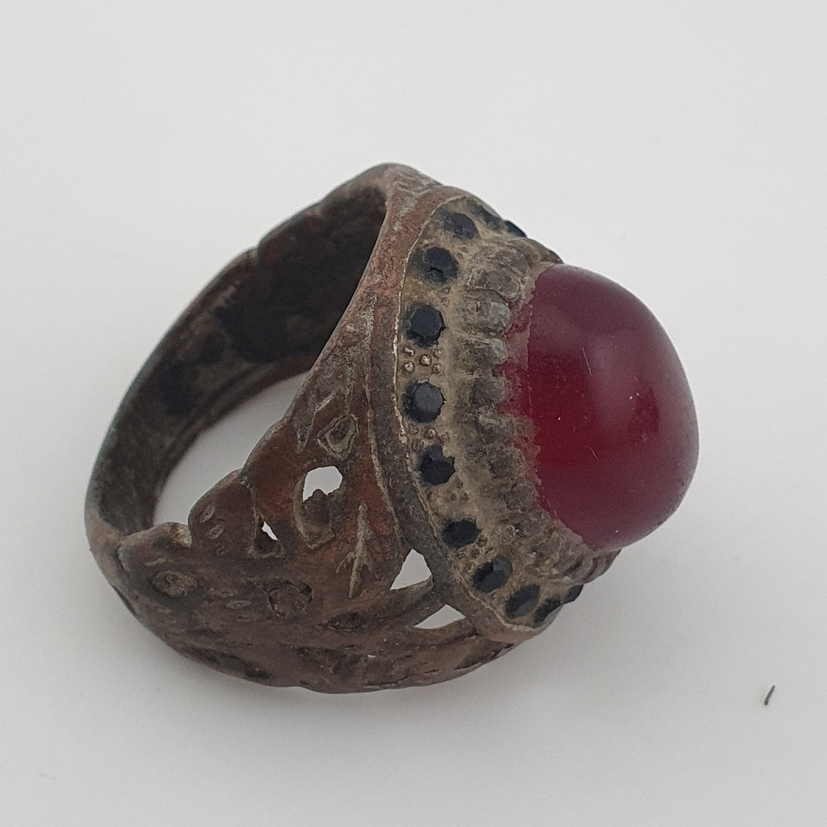 Ancient Brass Red CZ Ring  Rustic Collectible Jewellery