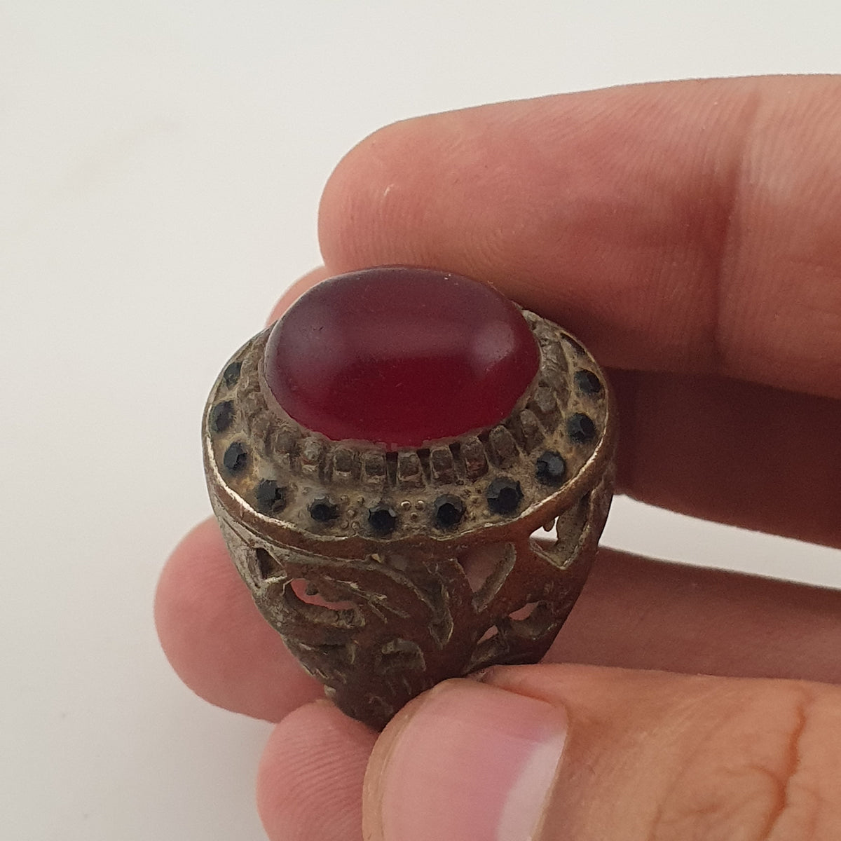 Ancient Brass Red CZ Ring  Rustic Collectible Jewellery